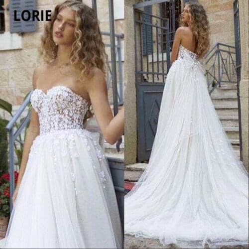 LORIE Vintage Wedding Dresses Strapless Appliques Lace Tulle A-Line White Ivory Boho Wedding Gown Bridal Dress vestido novia