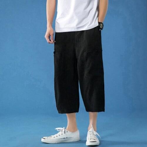 Chinese Style Cropped Men Pants 2021 Baggy Harem Pants Solid Elastic Waist Kimonos Trousers Vintage Fashion MenS Clothing 31163