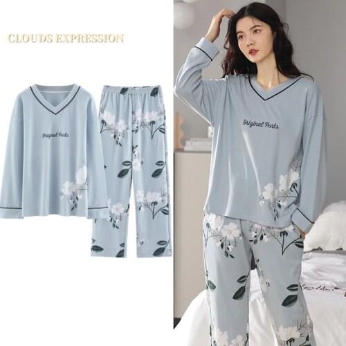 Spring Autumn Knitted Cotton Elegant Women Pajama Sets Sleepwear Casul Lounge Set Plaid Pants Pajamas Womens Homewear Fashion