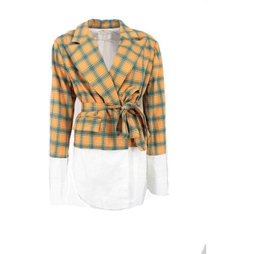 Yuerwang Women Blazer Coat Plaid Spliced Fake Two patchwork coat Woman Suit Blazer Lace Up Long Fashion Womens Suit Jacket 2021