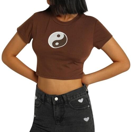 Women’s Casual Short Sleeve T-shirt Fashion Tai Chi/Mushroom Embroidery Exposed Navel Tops