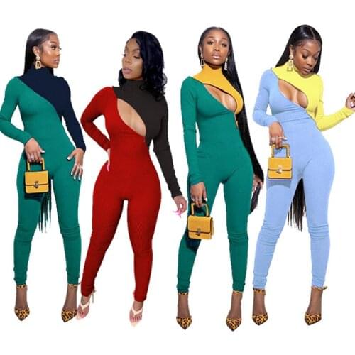 Echoine Women Sexy Slim Patchwork Zipper Jumpsuit Long Sleeve Pants Ribbed Kitted Leggings Jumpsuit Romper Plus Size