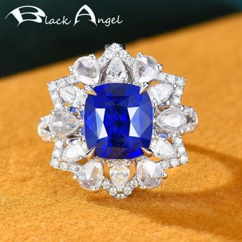 BLACK ANGEL New 925 Silver Sunflowers Ring Inlaid Luxury Blue Crystal Sapphire Adjustable For Women Wedding Party Jewelry Gift