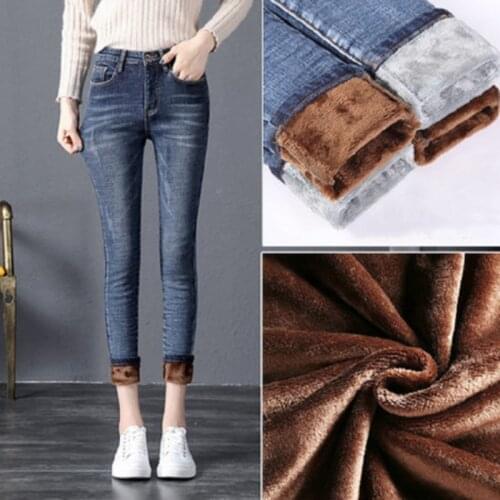 Winter Warm Jeans Woman High Waist Fleece Lined Casual Wild Slim Stretch Pants Trousers Pockets Thick Pencil Jeans Pants 32 Size