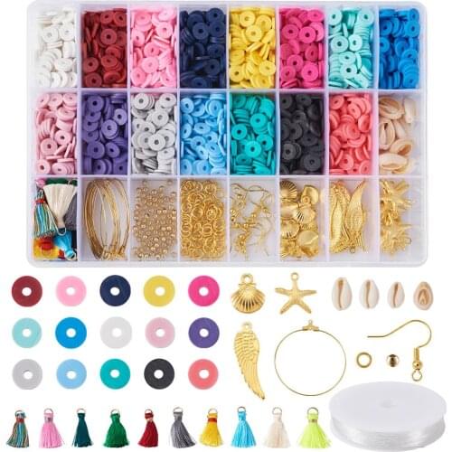 1Set Handmade Polymer Clay Heishi Beads Cowrie Shell Beads Charms Tassel Pendants Elastic Thread Jewelry Making Accessories