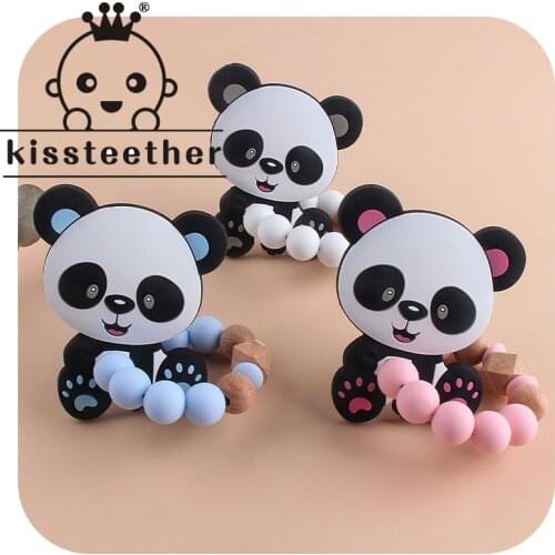 Kissteether 1pcs Panda BPA-free Food Grade Silicone Teether Beech Wooden Silicone Beads Bracelet Molar Stick Baby Care Products