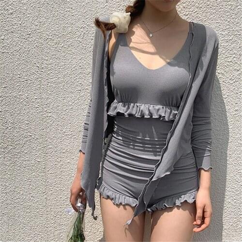 Korea Style Bikini Women Solid Swimwear Push Up Swimsuit Ruffle Biquini High Waist Bikinis With Cover Up Bathing Suit Shorts