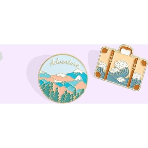 Travel handbag Enamel Pin mountains and ocean waves Brooch Bag Clothes Lapel Pin Sasha Away Badge Cartoon Jewelry Gift For Kids