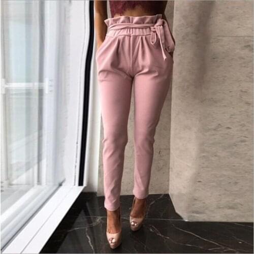 Women Pants Spring autumn Long Pants High Waist Pants Drawstring Sweet Elastic Waist Pockets Casual Trousers Pantalones