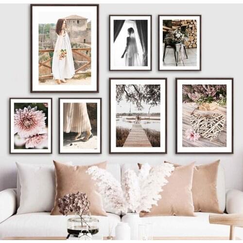 Girl Dahlia Bouquet Dress Chair Flower Wall Art Canvas Painting Nordic Posters And Prints Wall Pictures For Living Room Decor