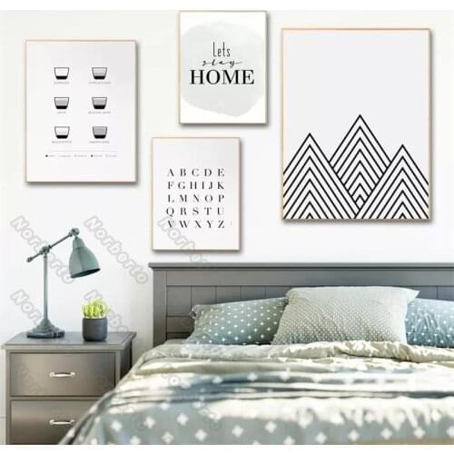 Nordic Style Canvas Wall Poster Black White Stick Figure Pointed Mountain Letters Quota Lets Stay Home for Home Rooms Decoratio