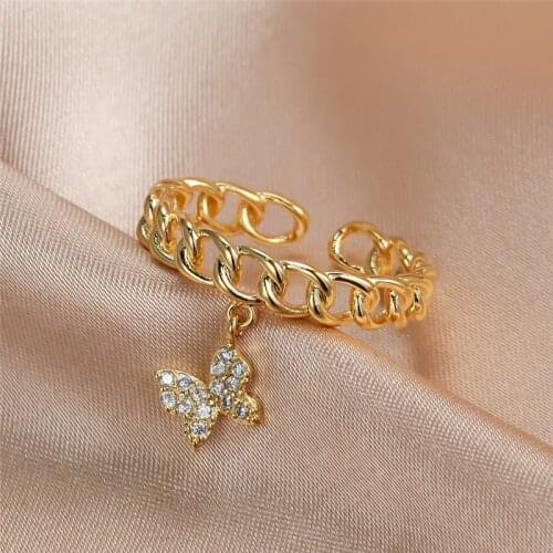 Trendy Female White Crystal Jewelry Rose Gold Silver Color Wedding Rings For Women Cute Butterfly Open Pendant Engagement Ring