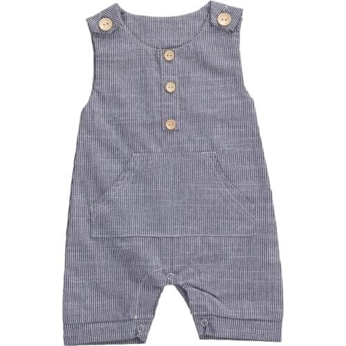 0-24M Newborn Baby Girls Boys Romper Striped Print Sleeveless Pocket Jumpsuits