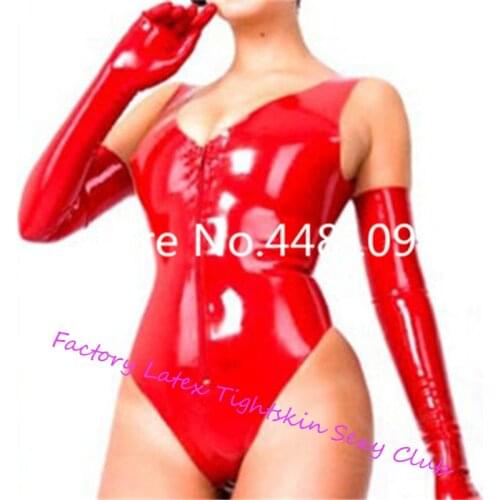 Red Sexy Latex Women Thong Bodysuits Rubber Leotard with Long Gloves Front Zipper exotic lingerie micro bikini extreme