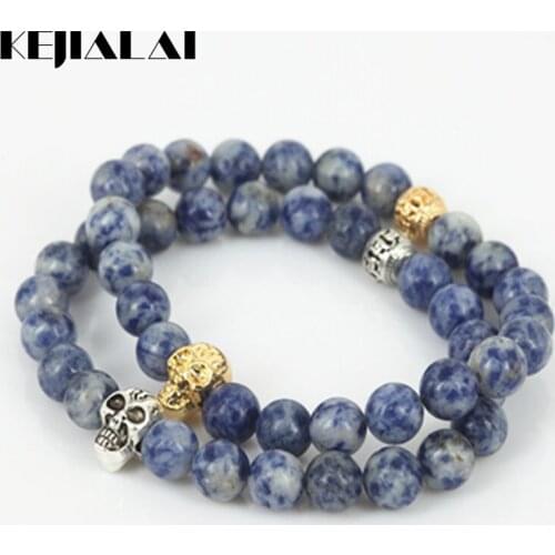 KEJIALAI Fashion Gold Silver Color Skull Head Men Charm Stretch Bracelet Natural 8mm Sodalite Round Stone Beads Women Bracelet