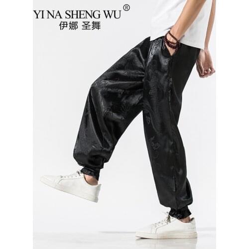 Mens Wear Samurai Male Japanese Fashion Trousers Thin Style Loose Casual Elastic Length Pants Harajuku Printing Dragon Costumes