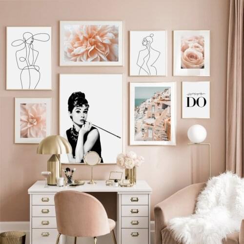 Wall Art Canvas Painting Fashion Lady Hepburn Pink Flower Abstract Body Nordic Posters And Prints Wall Pictures For Living Room