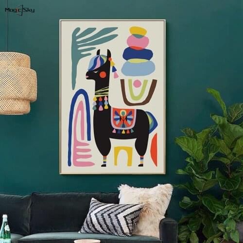 Llama Poster and Prints Nordic Alpaca Animal Wall Art Canvas Painting Mid Century Nursery Picture Kids Room Interior House Decor