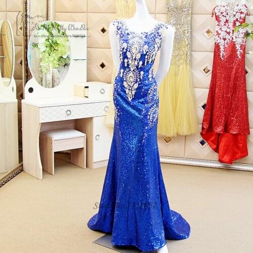 Luxury Royal Blue Evening Dress Crystals Rhinestones Mermaid Sequined Prom Dresses 2017 Sparky Robe de Soiree Courte Abendkleid