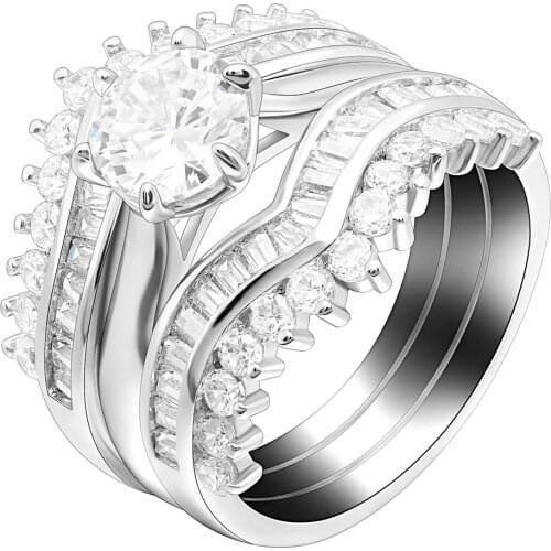 Luxury White Gold 3pcs Ring Set Clear Zircon Crystal Jewelry for Woman Wedding Fashion Engagement New Design Created Jewelry