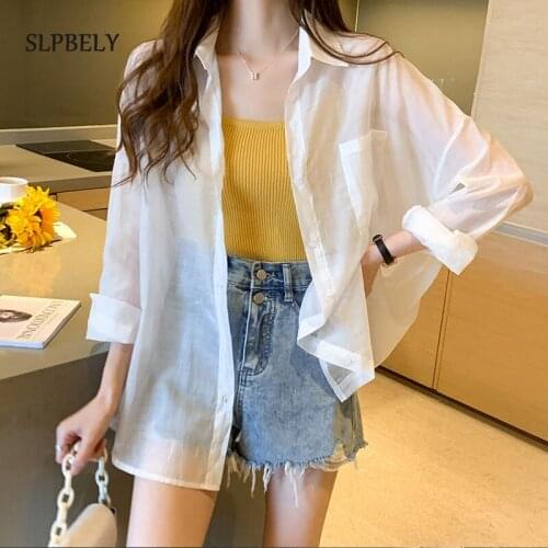 SLPBELY Ice Silk Sunscreen Blouses Shirt Casual Button Loose Cardigan Solid Long Sleeve Shirt Anti-ultraviolet Femme Womentops