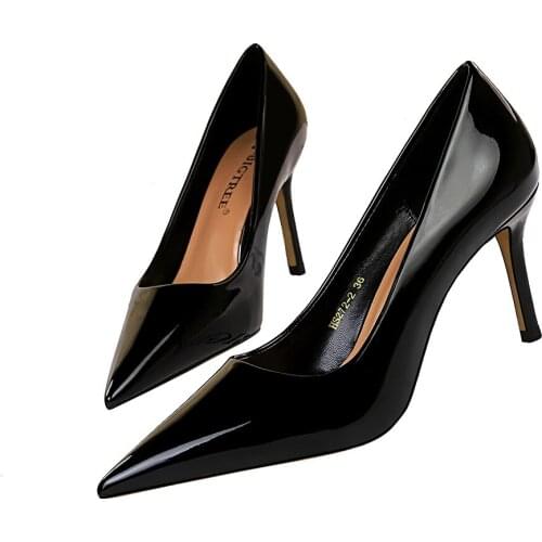 High heels, patent leather, shallow leather, professional OL, heels, spring, autumn