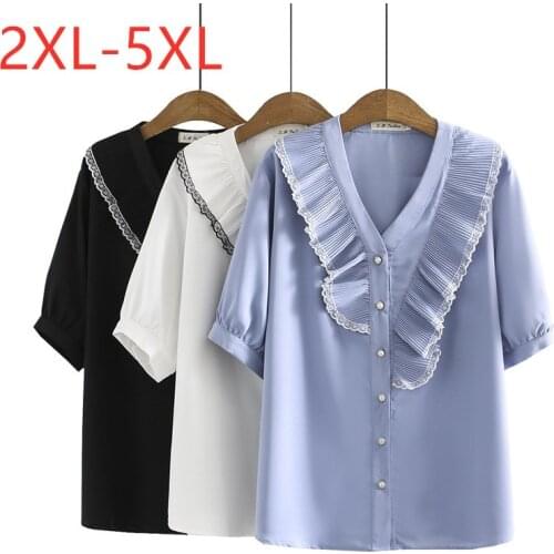 New 2021 Ladies Summer Plus Size Tops For Women Large Blouse Short Sleeve Loose White Blue Ruffle V-neck Shirt 2XL 3XL 4XL 5XL