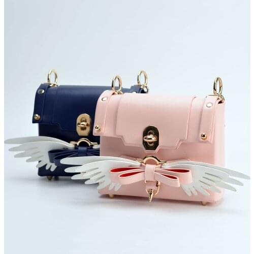 Women Pu Leather Bownot Wing Handbag Cosplay Card Captor Sakura Fashion Girls Shopping Shoulder Messenger Bags Small Square Bag