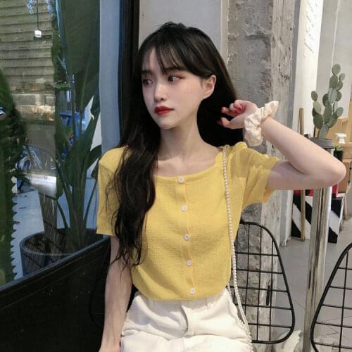 Woman TShirts White T-shirt Womens Summer CEC Short Sleeve High Waist Square Collar Knitted Top Crop Top Mujer Camisetas