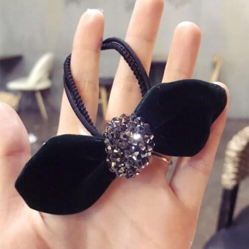 Women Korean Handmade Hair Accessories Lady Vintage Suede Crystal Flash Rabbit Ears Hair Rope Girl Bow Knot Hair Ties