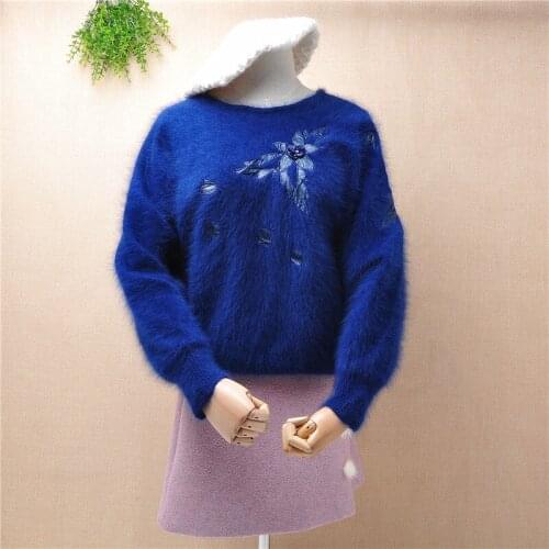 Ladies women vintage beading embroidery o-neck angora rabbit fur knitted long batwing sleeves outwear winter jumper sweater tops