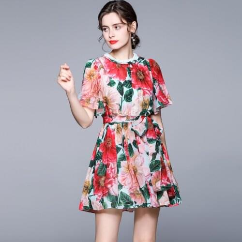 Floral Print Summer Mini Dress Women Bow Collar Short Sleeve Runway Party Dress High Waist Pleated Dress Elegant Vintage C143