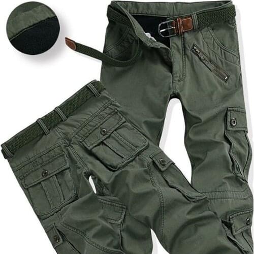 Winter Warm Fleece Pants Mens Thick Chinos Cargo Pants Many Pocket Baggy Work Military Overalls Male Trousers Men Clothing 2020