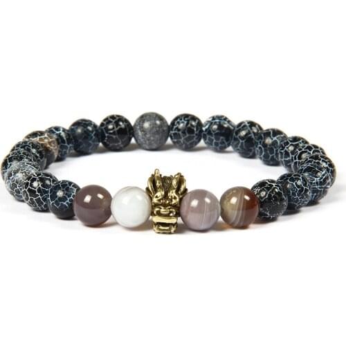 Ailatu Brand Jewelry Wholesale 10pcs/lot 8mm Natural Botswana & Weathering Stone Beaded Cz Dragon Head Bracelet for Cool Men
