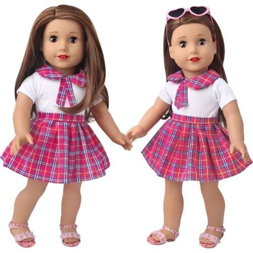 18 Inch American Doll Girls Preppy Magenta Checkered School Dress Skirt Born Baby Toys Accessories Fit 43 Cm Boy Dolls D7