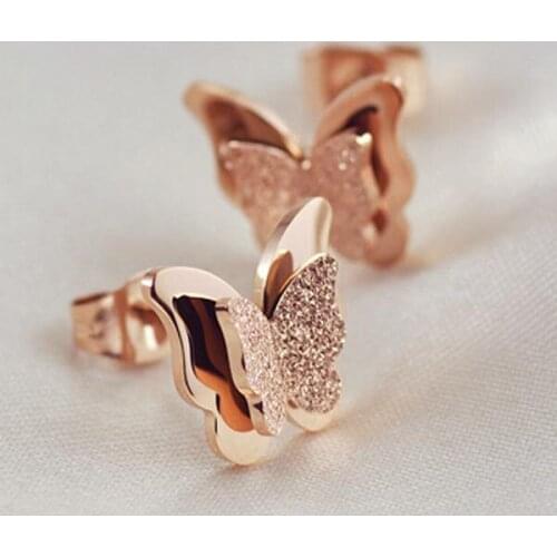 Hot Fashion Rose Gold color Top Quality Stainless 3D Women Butterfly Stud Earrings / Cheap Butterfly Earrings