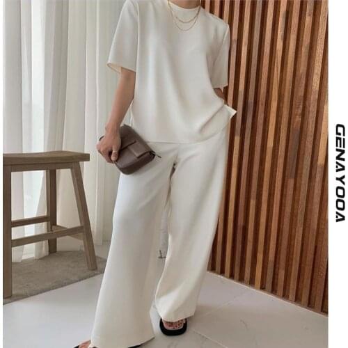 Genayooa Minimalist Elegant Two Piece Set Women Top And Pants Short Sleeve Solid 2 Piece Sets Womens Outfits Summer Korean Style