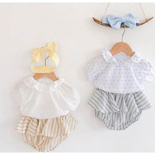 Baby Outfits Clothes Set Newborn Baby Lotus Leaf Collar Top Clothes and Striped Pants Skirt + Hair Band Infant Girls Clothing