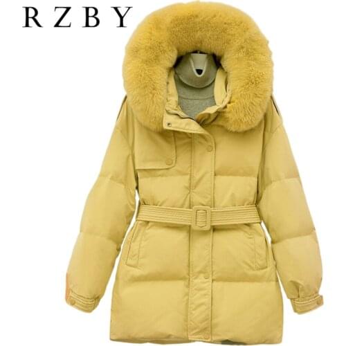 Real Natural Fox Fur куртка зимняя женская Hooded White Duck Down Parka Women Thick Winter Jacket With Belt Snow Outwear RZBY587