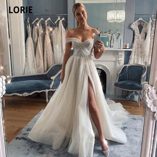 LORIE Off the Shoulder Tulle Wedding Dresses Sleeveless Open Back Beach Bridal Gowns Princess Boho Wedding Gowns with Split