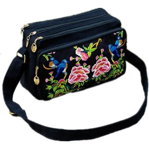 Fashion Women Messenger Bag Vintage Shopping Bag Double Face Floral Embroidered Four Zippers Lady Shoulder Crossbody Beach Bags