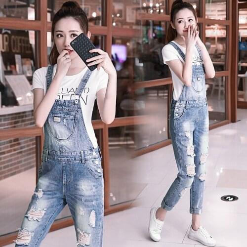 Fashion Trend Denim Overalls Womens 2020 New Hole Thin Wild Jeans Student Samll Feet Pants Casual Cowboy Suspender Trousers