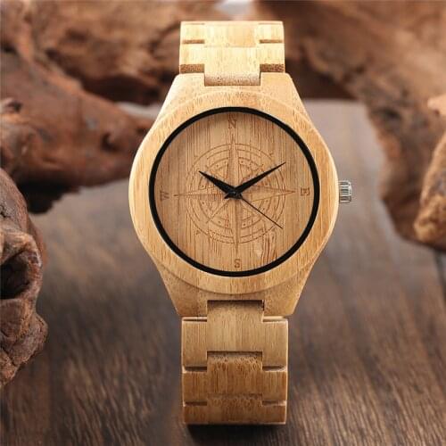 Creative Compass Pattern Dial Design Man Wristwatches Quartz Analog Movement Clock Portable Timepiece Full Wooden Bracelet Gift