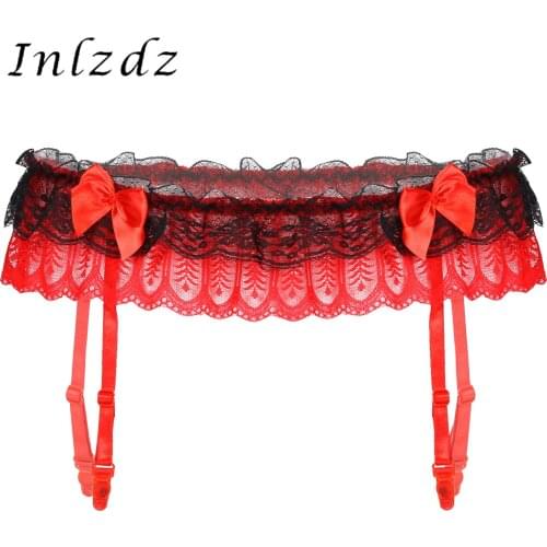Mens Lingerie Sissy Lace Garter Belt for Stockings Double Layers Bowknot Elastic Waistband Suspenders Erotic Sissy Nightwear