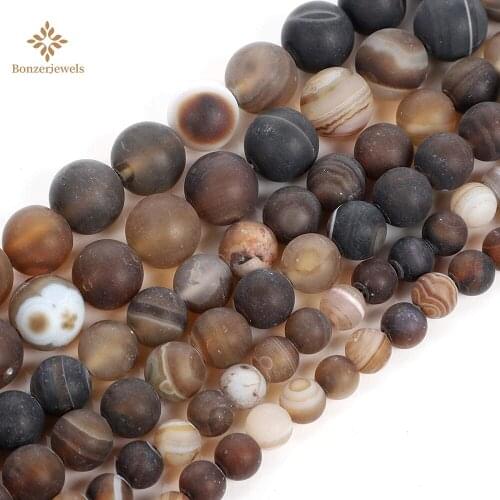 Natural Brown Banded Agates Round Loose Spacer Frosted Stone Matte Beads For Jewelry Making Diy Bracelet Necklace