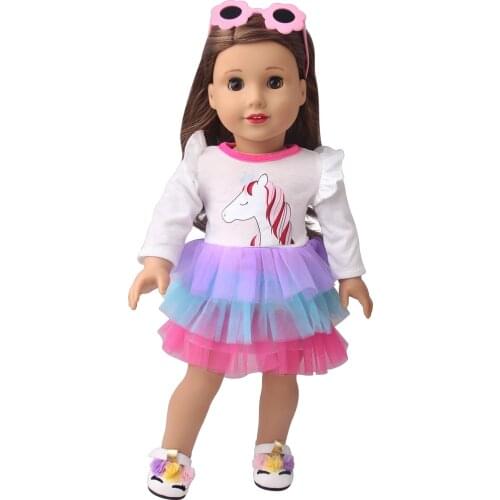 18 Inch American Doll Girls Clothes Unicorn Print Rainbow Dress Skirt Born Baby Toys Accessories Fit 43 Cm Boy Dolls Gift D23