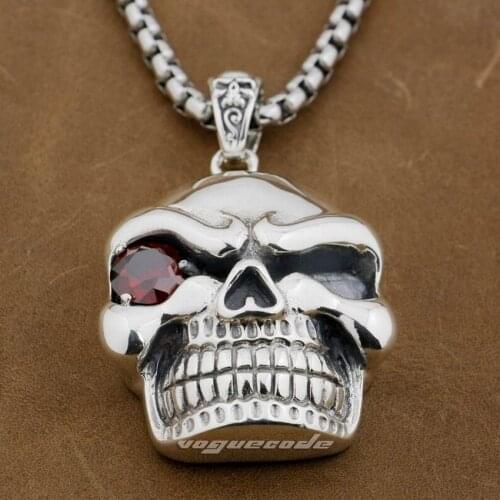Huge & Heavy Red CZ Stone Eye Skull 925 Sterling Silver Mens Biker Rocker Punk Pendant 9E003