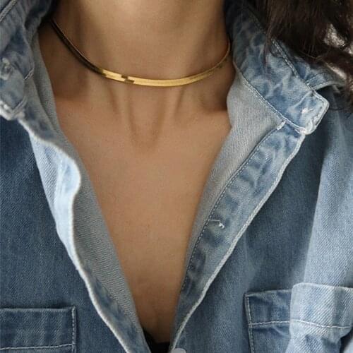 Punk Collar Flat Blade Snake Link Chain Choker Necklace Gold Color Stainless Steel Neck Chains For Women Jewelry High Quality