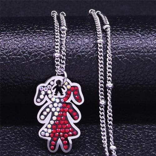 Red Crystal Stainless Steel Charm Necklace Silver Color Girl and Boy Love Pendant Necklace Women Jewelry collar N4808S01