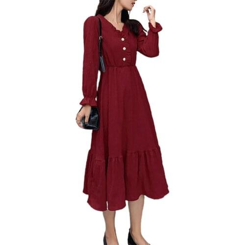 Long-Sleeved Dress for Women Elegant V Neck Soft Ruffled Flounce Long Party Dress Summer Autumn Slim Solid Color Ladies Vestidos